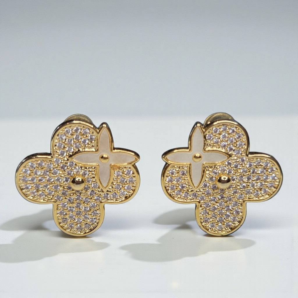 18k Gold Plated Clover Flower Blossom Pave Zircon Crystal Mop Earrings